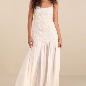 Kalene Cream 3D Rosette Sheer Hem Maxi Dress